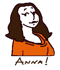 a cartoon drawing of a woman in an orange shirt with shoulder-length wavy brown hair