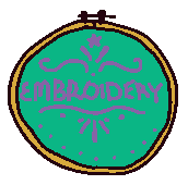 a cartoon drawing of an embroidery hoop with 'EMRBOIDERY' written on it and floral graphics surrounding the text.