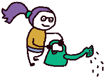 a cartoon drawing of bucky with a ponytail using a watering can.