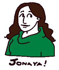 a cartoon drawing of a woman in a green shirt with shoulder-length brown hair