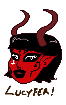 a cartoon drawing of a person with red skin, a black bob, and dramatic makeup.