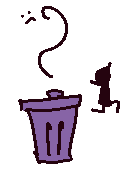 a cartoon drawing of a purple trash can with bucky running away in the background.